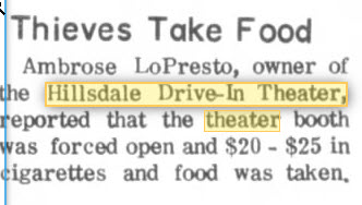 Hillsdale Drive-In Theatre - Food Stolen Sep 30 1968 (newer photo)